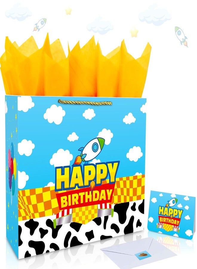 CHENRINDECO 13" Large Cartoon Story Birthday Gift Bag (Includes Card, Colored Paper, Envelope, and Stickers), Blue Sky and White Clouds Rocket Party Favor Bag, Toy-Themed Birthday Party Supplies - Image 1